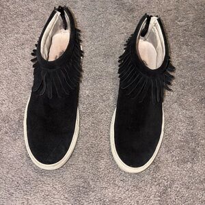 JOSHUA SANDERS Black Suede Fringe Moccasin Sneaker Size 7